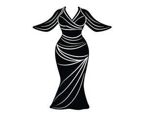 Elegant black dress illustration with white decorative lines on white background
