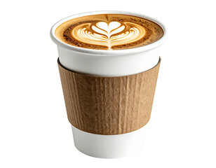 White Disposable Coffee Cup with Heart Latte Art, Front View, isolated on transparent background