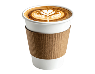 White Disposable Coffee Cup with Heart Latte Art, Front View, isolated on transparent background