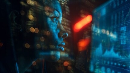 Midnight code crunch: examining blockchain through the night. Performance metrics. Dimly lit innovations: blockchain code and data on screens at night. Business intelligence. Risk assessment.