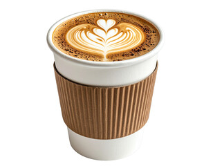 White Disposable Coffee Cup with Heart Latte Art, Front View, isolated on transparent background