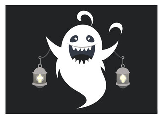 Cute cartoon ghost carrying lanterns for halloween celebration on black background
