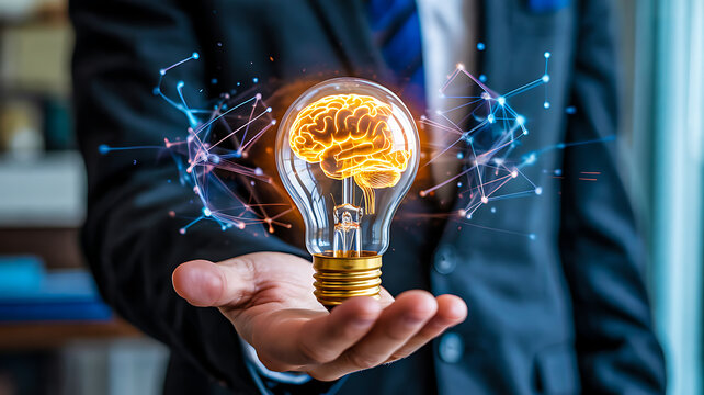 Businessman holding glowing light bulb with digital brain symbolizing artificial intelligence, innovation, creativity and futuristic technology concept