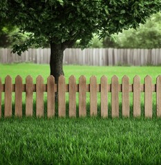Fototapeta premium Wooden fence surrounding lush green grass under a vibrant tree creates a serene garden atmosphere