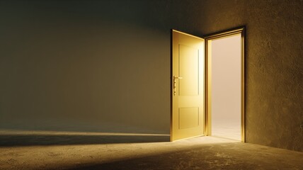 Golden door slightly open with warm light inside minimalist interior concept of opportunity hope and transition abstract architectural background