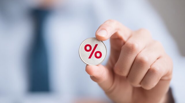 Hand holding coin with red percentage sign, symbol of interest rate, finance, banking, investment, and economic concept