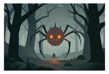 Scary spider in dark forest halloween illustration for spooky designs