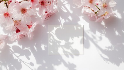 Naklejka premium Spring-themed wedding stock image with feminine desktop setup. Blooming pink cherry blossom branch. Blank invitation card mockup in natural sunlight. White dappled wooden surface background.
