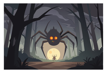 Scary spider in dark forest with moon vector illustration scene