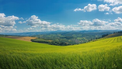 Fototapeta premium Landscape oil painting of a vibrant green rural field in a mountainous setting, summer scenery, seasonal change