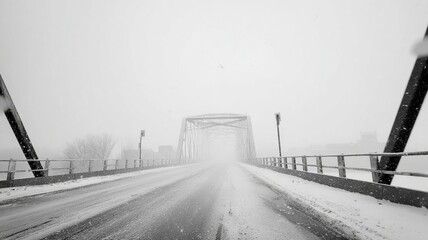Snow covered metal bridge in foggy winter weather minimal black and white landscape with cold atmosphere and empty road perspective