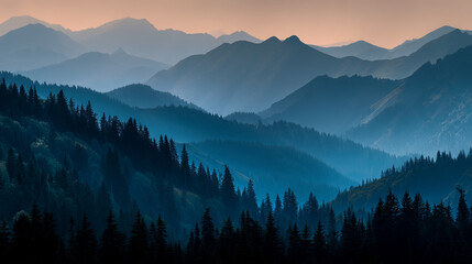 Layered mountain ranges with evergreen trees and a hazy blue atmosphere at dusk or dawn