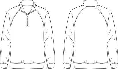 Men’s quarter zip pullover technical flat fashion vector illustration with raglan sleeves and ribbed cuffs design front and back view