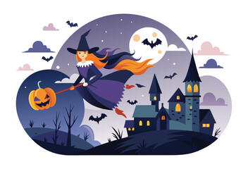 Whimsical Halloween Scene with Witch Flying on Broomstick with Pumpkin