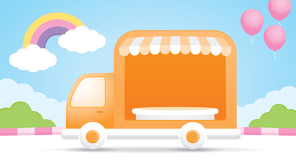 cute kawaii style orange truck shop with awning and podium display on bright colorful street scene illustration vector graphic