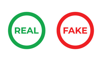Green “REAL” and red “FAKE” text inside circles on white background. Concept of authenticity, verification, truth, and falsehood. Ideal for trust, fact-checking, and quality comparison visuals.