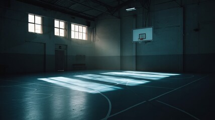 Empty basketball court in moody gym interior with sunlight beams through windows, minimal blue tone background for sport or fitness concept