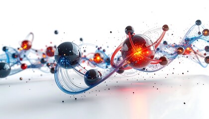 A vibrant abstract depicts spheres connected by energy waves, with a dominant red core radiating light against a white background
