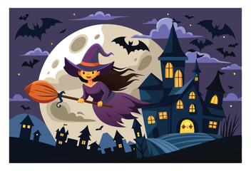 Cartoon witch flying on broomstick in front of full moon landscape