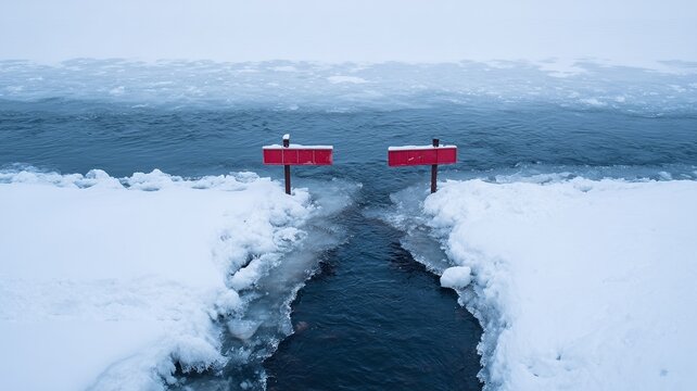 Red signs above icy river gap in snowy landscape, minimal winter composition symbolizing border and warning