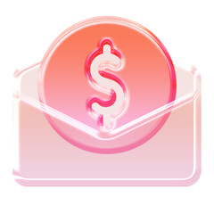 Glossy 3D glassmorphism dollar coin icon with a money symbol in a translucent pink and orange mail envelope