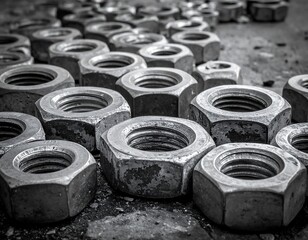 Close-up monochromatic view of metallic hexagonal nuts scattered on a rough surface