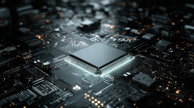 Futuristic microchip glowing on circuit board high tech processor concept of computing power and digital innovation background