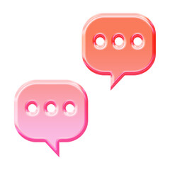 Glossy 3D glassmorphism chat bubbles icon with typing symbols in pink and orange