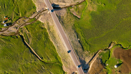 Aerial view of the mountain road during the journey