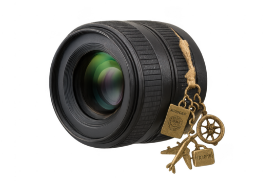 Camera lens with travel charms and transparent background