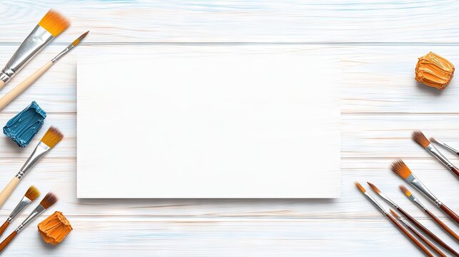 Explore creative expression with an empty canvas and vibrant painting tools set against a rustic wooden background