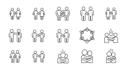 A collection of thin line vector icons representing friendship, partnership, embracing, and togetherness, showcasing diverse human connections and support systems on a clean white background, ideal