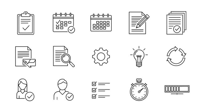 Set of outline icons related to checklist, plan, task, to-do list, linear icon collection, editable stroke, vector illustration, ordered line icons, clipboard, calendar, document, writing, email - Powered by Adobe