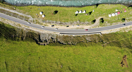 Aerial view of the winding road in the mountains