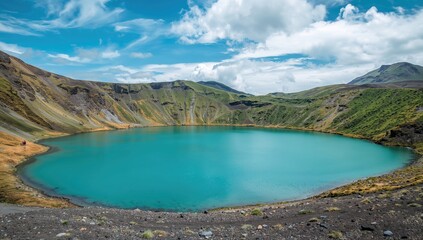 Kerdi crater volcanic lake in Iceland, showcasing erosion risk