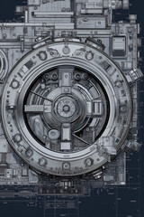 Obraz premium Detailed blueprint of metallic bank vault door with mechanical parts in engineering-style lines