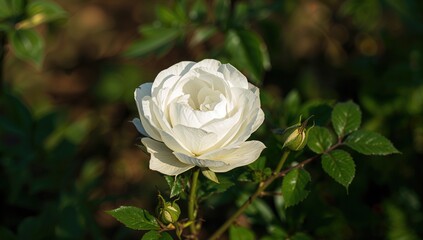 A vibrant white rose-hip flower fully blossomed, showcasing its potential for medicinal uses