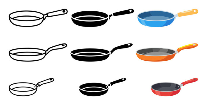 Set of nine vector icons and illustrations of various frying pans in line, glyph, and color styles, for cooking, kitchenware, and culinary concepts.