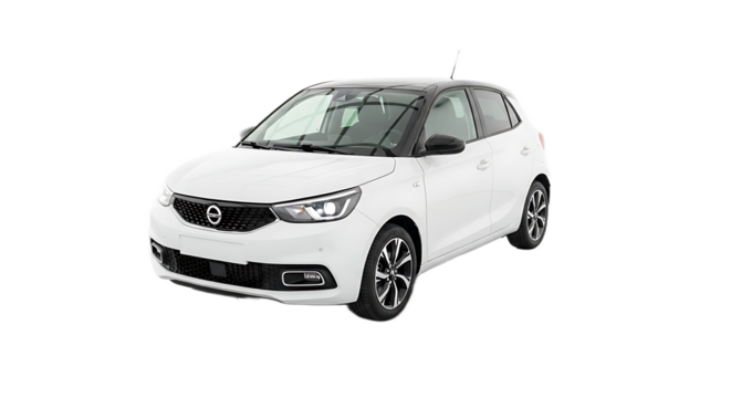 A white hatchback car with a black roof and black rims parked on a white surface in a studio shot