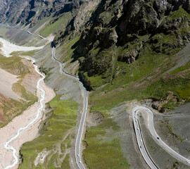 Aerial view of the winding road in the mountains