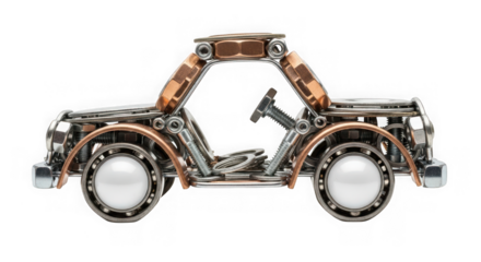 Creative car model crafted from metal nuts, bolts, and bearings.