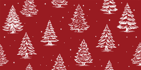 Christmas pattern with tree on red, hand-drawn illustrations	
