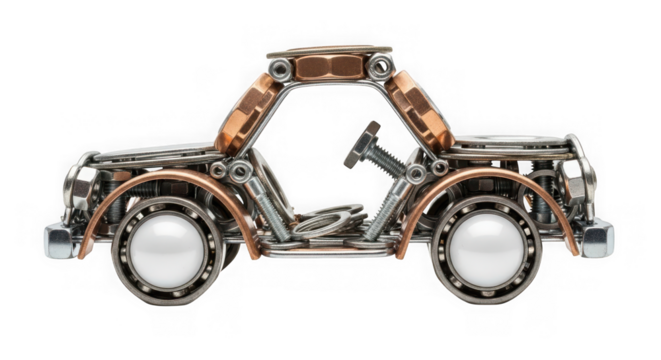 Creative car model crafted from metal nuts, bolts, and bearings.