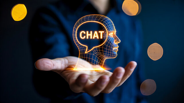 Artificial intelligence chatbot hologram above human hand showing digital communication, ai technology, virtual assistant and futuristic innovation concept