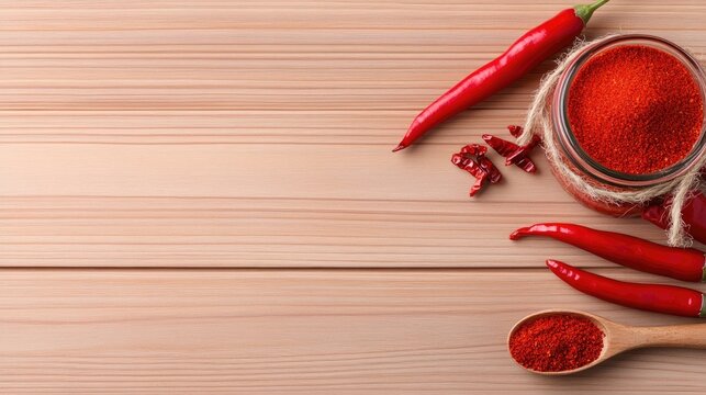 Spicy delight with dried red chilies and vibrant paprika on a rustic wooden table for culinary inspiration - Powered by Adobe