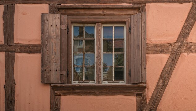 Historic timbered house window, showcasing traditional architecture, preservation