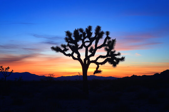 lonely Joshua tree silhouetted against the dawn sky, its twisted branches reaching toward the sun