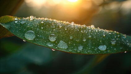 Morning dew on banana leaves illuminated by sunlight, showcasing seasonal change
