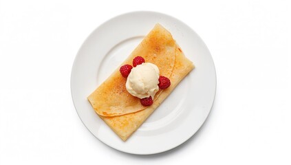 Top view of a crepe served with ice cream and fresh raspberries on a white background