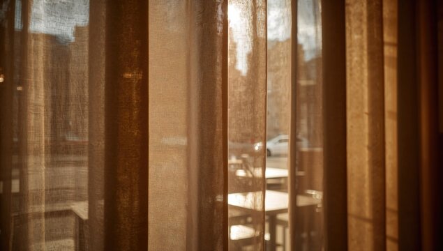 Curtain in a shop window, urban setting with sunlight, adding a vibrant touch to the retail experience